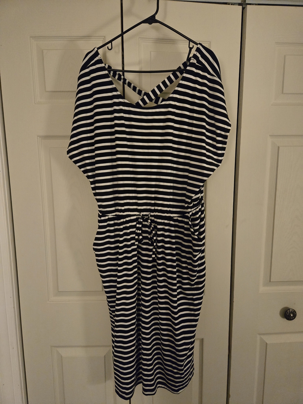 Black and White Striped Women's Dress With Drawstring Waist